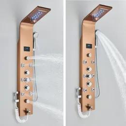 LED Bathroom Shower Panel 6 Modes Intelligent LCD Shower Column Rose Gold Rain Waterfall Bath Systems With Massage Jet Mixer Tap