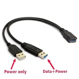 1pc Black USB 3.0 Female To Dual USB Male with Extra Power Data Y Extension Cable for 2.5"Mobile Hard Disk PC Hardware Cables