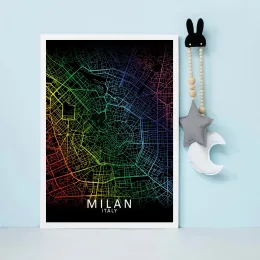 Mapa Milan City Maper MultiColor Wall Art Canvas Malowanie plakatu Dekorowanie domu