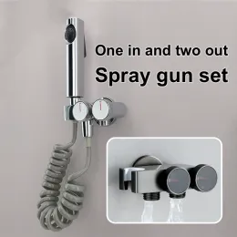 Bidet kranar set dubbel användning badrum bidet kran set väggmonterad grå mässing högtryck grå pistol badrumstillbehör