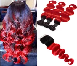 Capelli virginici grezzi indiani 3 bundle con chiusura in pizzo 4x4 1 onda corpo a vena a due pezzi Wave del corpo 1b 1b Trapunti rossi Wi8204143