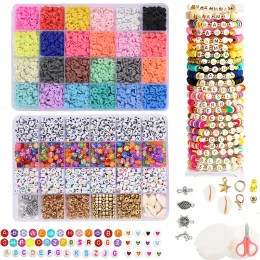 Unique Polymer Clay Beads Set Rainbow Color Flat Chip Beads For Boho Bracelet Necklce Making Letter Beads Accessorie Kit DIY
