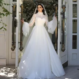 Flare Sleeve High Neck Muslim Wedding Dresses A Line Lace Appliques Hijab Islamic Bridal Gowns For Women Vestidos De Novia 2024