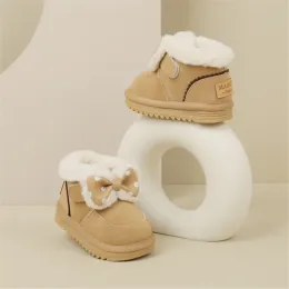 Boots 2023 Yeni Kış Bebek Ayakkabıları Kızlar İçin Deri Butterflyknot Sıcak Peluş Çocuklar Botlar Kauçuk Toddler Moda Çocuklar Kar Boot