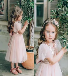 Cute Blush Pink Flower Girl Dresses Sparkly TeaLength Birthday Party Pageant Gown Sequined Formal Wedding Dress1399513