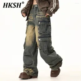 Herr jeans hksh avfall land tvätt vintage fickor safari stil tidvatten punk trendiga streetwear veckade raka denim byxor hk0882