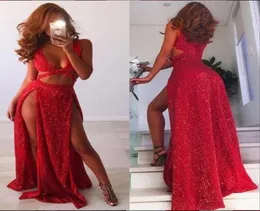 Kırmızı Pullu V Boyun Seksi Siyah Kızlar Prom Elbiseler Uzun Bölünmüş Ön Afrika Akşam Resmi Elbiseler 2019 Vestidos De Fiesta8474967