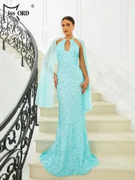 캐주얼 드레스 Missord Sky Blue Wedding Party Dress Elegant 2024 Women Halter Cloak Sleeves Bodycon Maxi Maxi Prom Evening Long Gown