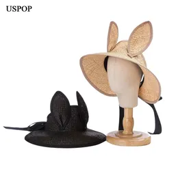 Uspop sommarsol hattar öron bowknot handgjorda raffia stråhatt utan krona utomhus solskyddsmedel halmhatt för barn s 54cm240409