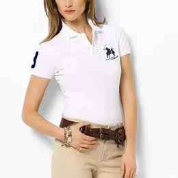 Ins Sommer Frauen Shortsleeved 100% Baumwolle Big Horse Stickerei Slim Polo Shirts Mode weibliche Knopfplacket Tops S3XL 240409