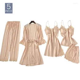 Abbigliamento da casa da 5 pezzi Set di pigiami set Women Silk Sleeveless Tops Long Pants Abes Sexy Lingerie Sleep abbigliamento da notte per abbigliamento da notte Kimono