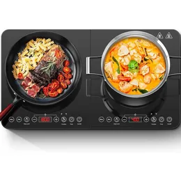 AOBOSI Indução dupla Cooktop - Concha portátil com 2 queimadores, controle independente, corpo ultrafino, 10 configurações de temperatura, 1800W, temporizador de 4 horas, vários níveis de energia