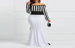 Abito da guaina Clocolor Donne eleganti al largo di Sholuder Stripes a maniche lunghe Blocco bianco Braino BodyCon Mermaid Party Dress Y1903542824