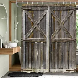 샤워 커튼 오래된 나무 문 장식 앤티크 복고풍 나무 그레인 컨트리 농가 욕실 장식 목욕 커튼 후크