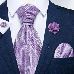 Varumärke Mens Scarf Fashion Design Silk Ascot Tie Paisley Floral Purple Slyckig smycken Brosch Set Man Cravat för Wedding Party240409