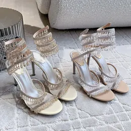 Rene Caovilla Heel Crystal Chandelier High-Heeled Sandals 95mm Luxury Diamond Serpentine Wrapped Roman High Heels Rhinestone Silver Designer Bankettklänningskor