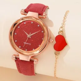 Wristwatches Women's Watch Set Luxury Red Quartz Heart Shaped Bracelet Leisure Clock Gift Religio Feminino