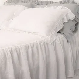Pure 100% Linen Bedspread Sets, Soft Bed Skirt and Ruffle Pillowcases, Queen and King Size Bed Set
