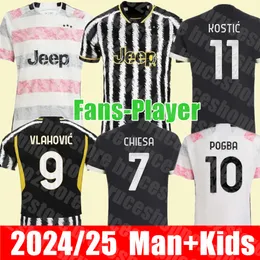 Novo 2024 2025 Home Away Fãs jogadores de futebol Juventus Milik di Maria Vlahovic Kean Pogba Chiesa McKennie Locatelli Top Jerseys Kits Men e Kids Unifor Juves