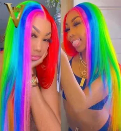 Perucas de renda azul roxo verde vermelho arco -íris cabelos humanos para mulheres Remy brasileiro peruca frontal reta Preparada 38062905403565
