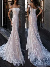 2022 Boho Elegant Wedding Dresses Mermaid Off The Shouldized Lace 짧은 슬리브 바닥 길이 신부 가운 스위프 트레인 7765894