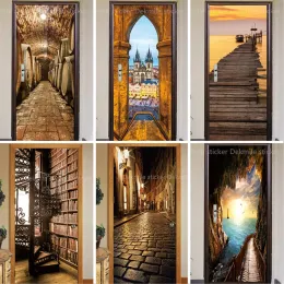 Adesivo de porta marrom portas decorativas de vinil de madeira 3D Papel de parede adesivo para a porta de aço