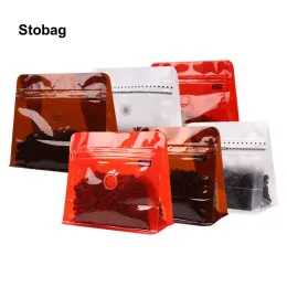 Stobag 20pcs透明なフロストコーヒー豆パッケージング袋パウダーフードナッツストレージのために密閉されたバルブ付きのバルブが再利用可能なポーチ