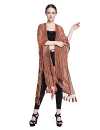 Wehello Bohemian Burnout Velvet Kimono Long Cardigan com Tassel Concobrar a praia de luxo Cardigan Cardigan Shawl