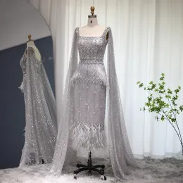 Luksusowe pióra Dubai Formalne sukienki dla kobiet impreza Bling Grey Mermaid Arabska suknia wieczorowa z Cape SS279