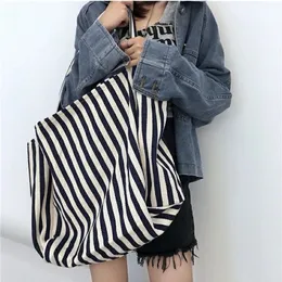 Casual Striped Canvas Bag dla kobiet Duża pojemność ramię codzienne zakupy studenckie książki szkolne plażę podróżną 240328