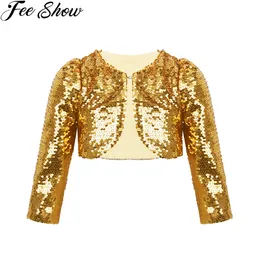 FEESHOW Kids Girls Baby Jacket Coat Sparkly Sequins Cropped Blazer Bolero Shrug Cardigan Top Clothes Stage Performance Costumes