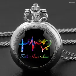 Zegarki kieszonkowe wiara nadzieja miłość kwarc obserwuje kobiety mężczyźni moda szklana kopuła naszyjnik unikalny wisiorek srebrny zegar akcesoria prezentowe