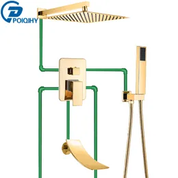 Poiqihy Golden Shower Faucet Wall Mounted Waterfall Shower Mixers Concealed Bath Showerセット3ウェイコントロールバルブ