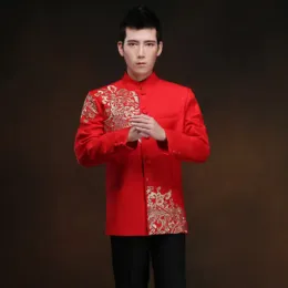 Kırmızı Tunik Erkekler Geleneksel Çin Erkek Doğu Erkek Giyim Shanghai Tang Cheongsam Top Düğün Çin Tang Takım Erkekler