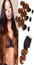 Cabelo humano não processado peruano 1b 30 ombre cor 3 feixes com 4x4 fechamento de renda onda 1b30 cabelos virgens com cabelos para bebês7303186