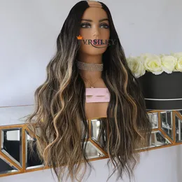 Highlights Blonde Natural Wavy V Part Wigs Middle Open Ombre Body Wave 100% Human Hair Wig Brazilian U Shape Full End Machine