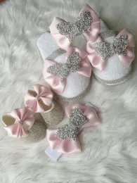 Sneakers dollbling grossist rosa bowknot lyxflickor småbarn nyfödda baby casual tygskor med shinny strass