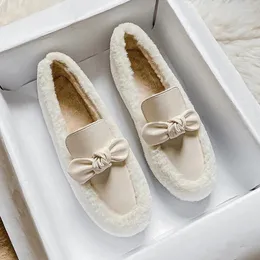 Scarpe casual inverno lana bianca donna di pecora piatti bowknot mocasines stivali da neve in cotone peluche