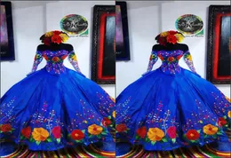 2022 Vintage Royal Blue Messicano Sweet 16 Abiti Charro Flower Ricorso Satin Off the Spalla Dressanera Dress Illuso Long 6096293