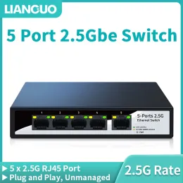 Переключатели Lianguo 2,5GBE Ethernet Switch 5 Port 2.5G сетевой переключатель Fanless Smell Lab Setup Setup Setup Uncer Management Plugure and Play