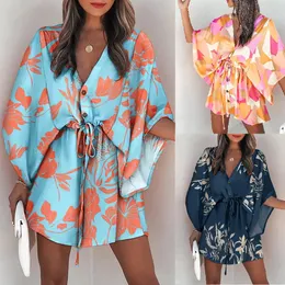 Summer Casual Drawstring Tie-up Mini Loose Dress Fashion Print Batwing Sleeve Beach Dress Sexig Button V Neck Women Party Coverup