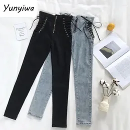 Frauen Jeans weibliche Denimhose Schnürung auf Seite Womens plus Siz 5xl Stretch Hohe Taille Feminino Skinny für Frauenhosen
