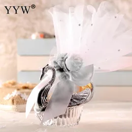 50pcs Sliver Swan Candy Gift Box Wedding Chocolate Cake Cookie Gift Bags Dragees Birthday Packaging Lace Party Favors Supplies