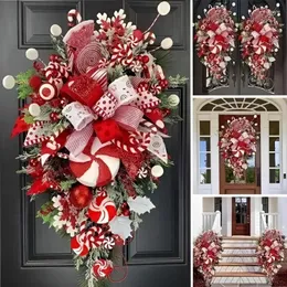 Decorative Flowers Artificial Candy Cane Wreath With Upside-Down Tree Red And White Christmas Swag For Year 2024 Navida