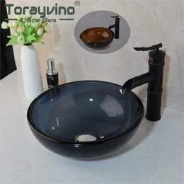 Torayvino Badezimmer Rundes Becken Waschbecken mit mattschwarzem Wasserhahn mehrerer Farbe Glassemperaturglas Basin Mixer Tap Combo Kit