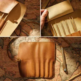 100% echtes Leder -Rollup -Bleistiftbeutel -Beutel -Beutel Organizer Wrap Bag Vintage Creative School Schüler stationäres Produkt