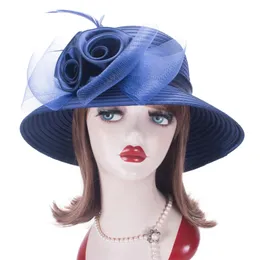 Cappelli da sole di protezione UV Lawliet per donne piume di nastro di raso floreale brim chiesa tea party elegante A4333240409