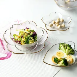 Gold Rim Glass Salad Bowls Dinner Plates Kitchen Utensils Glass Soup Plate Fruit Dishes Cooking Dinnerware Food Container