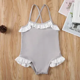 2021 New Kids Swimwear Baby Girl One-Piece Swimsuit Lace Frill Strap Monokini Baby Girl Criss-Cross Bathing Suit 1-5Y