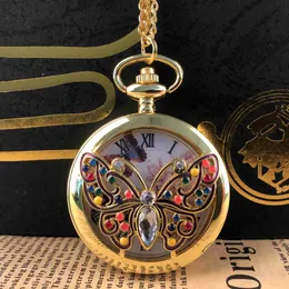 포켓 시계 골드 나비 스켈레톤 쿼츠 주머니 개인화 된 고급 여성 목걸이 펜던트 체인 선물 reloj mujer analogico y240410